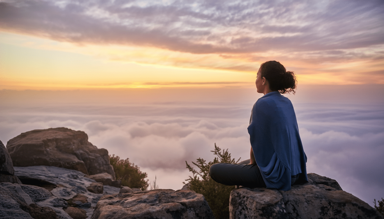 Text : A person sitting on a rock overlooking a cloud inversion at sunset . Filename: person medita