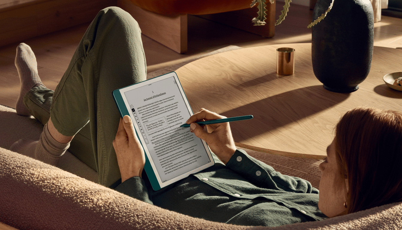 A person in a green shirt and pants is lying on a couch, using a teal e-reader with a stylus. The e-reader displays text, and a wooden coffee table wi