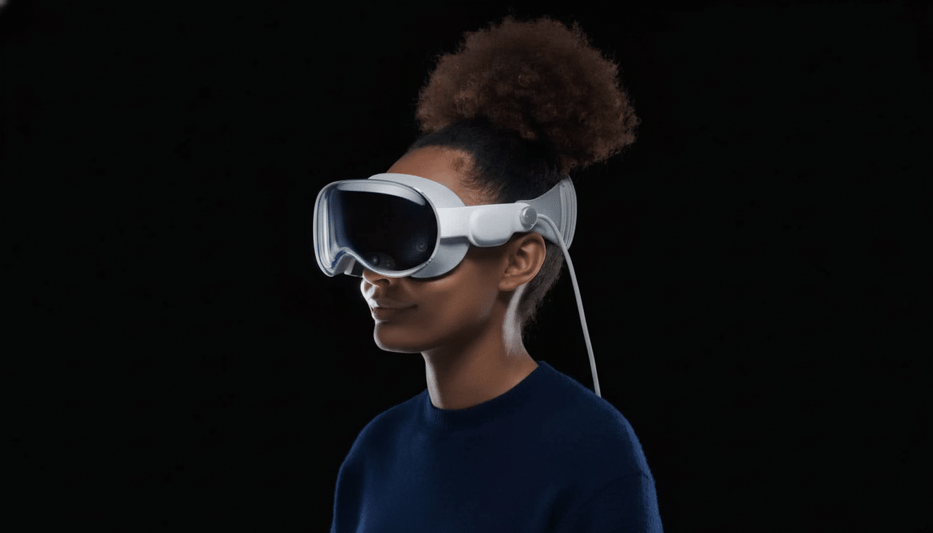 A person with dark, curly hair in a bun wearing white virtual reality goggles with a wire extending from the side , set against a dark background .