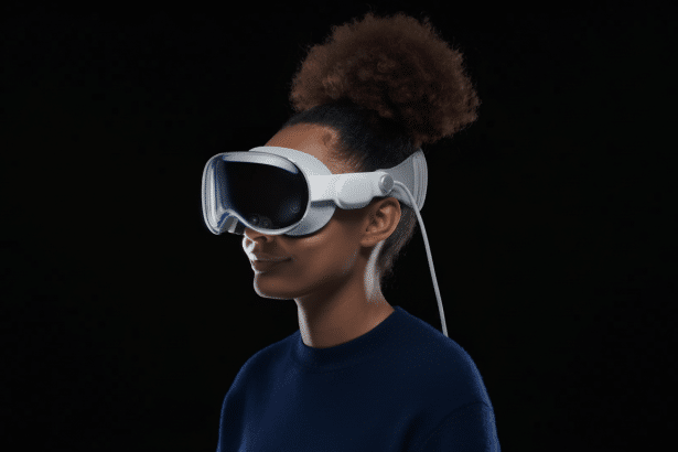 A person with dark skin and curly hair tied up, wearing a white virtual reality headset with a dark visor, against a plain black background.