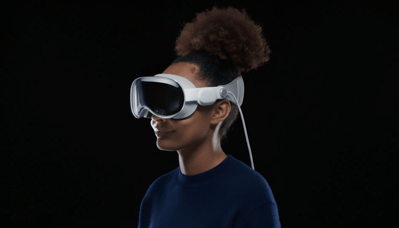 A person with dark skin and curly hair tied up, wearing a white virtual reality headset with a dark visor, against a plain black background.