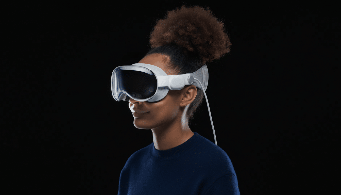 A person with dark skin and curly hair tied up , wearing a white virtual reality headset against a dark background.