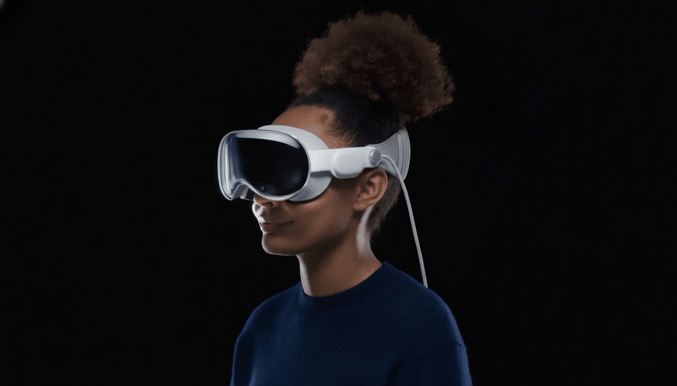 A person with dark, curly hair tied up , wearing a white virtual reality headset with a dark visor. The person is looking slightly to the right with a subtle smile. A white cable extends from the headset. The background is completely black, providing a stark contrast to the subject .
