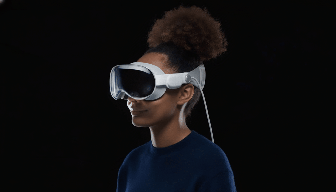 A person with dark, curly hair in a bun wearing white virtual reality goggles with a dark visor on a black background .