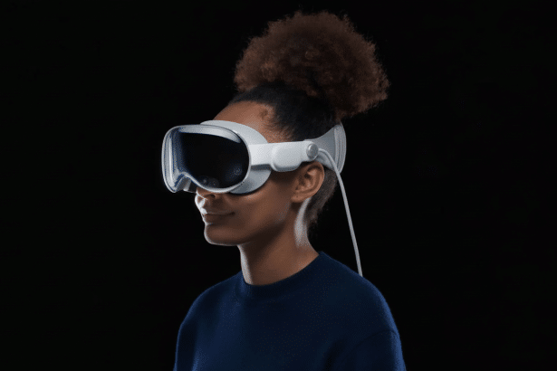 A person with dark, curly hair in a bun wearing white virtual reality goggles with a wire extending from the side , set against a dark background .