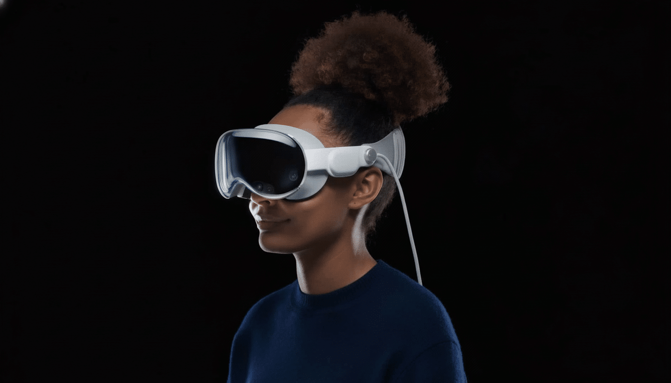 A person with dark, curly hair in a bun wearing white virtual reality goggles with a wire extending from the side , set against a dark background .