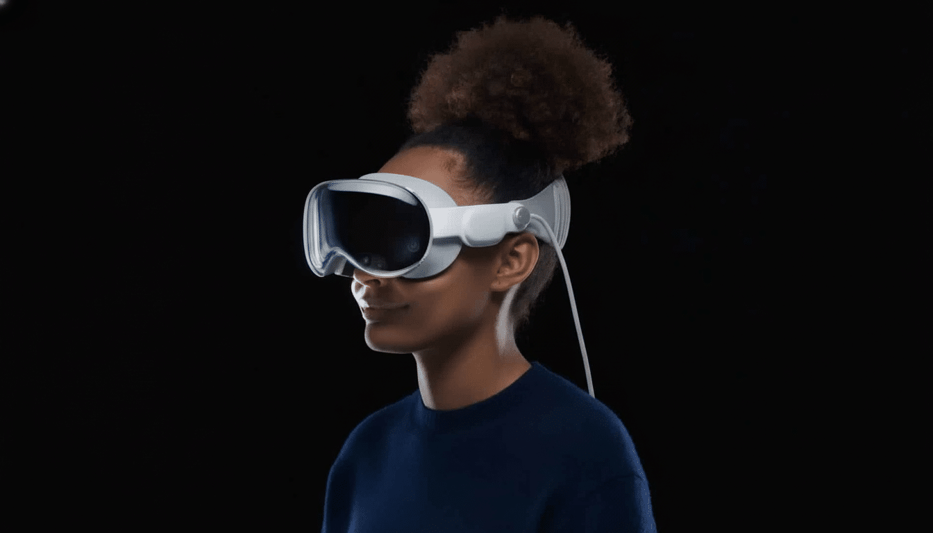 A person with dark, curly hair in a bun wearing white virtual reality goggles with a dark visor against a black background. Filename : personwith vrg oggles.png