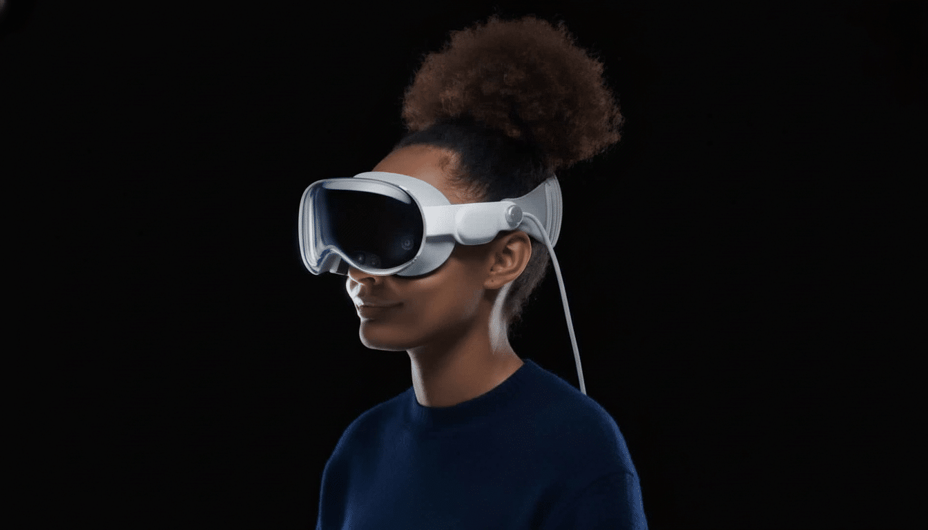 A person with dark, curly hair in a bun wearing white virtual reality goggles with a wire extending from the side, set against a dark background.
