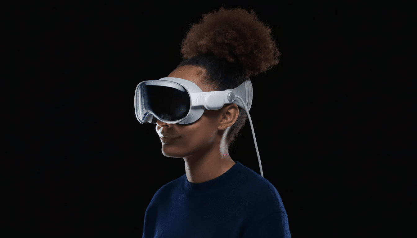 A person with dark, curly hair in a bun wearing white virtual reality goggles with a dark visor and a wire extending from the back. The background is solid black. Filename : person with vrg oggles.png