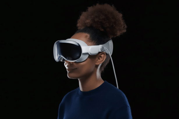 A person with dark skin and curly hair wearing a white VR headset over their eyes, looking towards the right. The background is solid black. Filename : personwith vrhead set.png