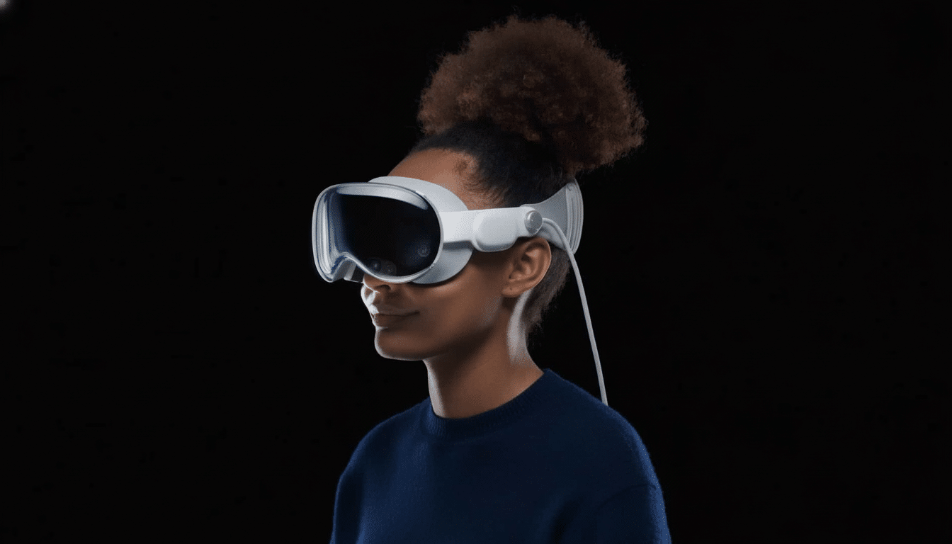 A person with dark skin and curly hair wearing a white VR headset over their eyes, looking towards the right. The background is solid black. Filename : personwith vrhead set.png