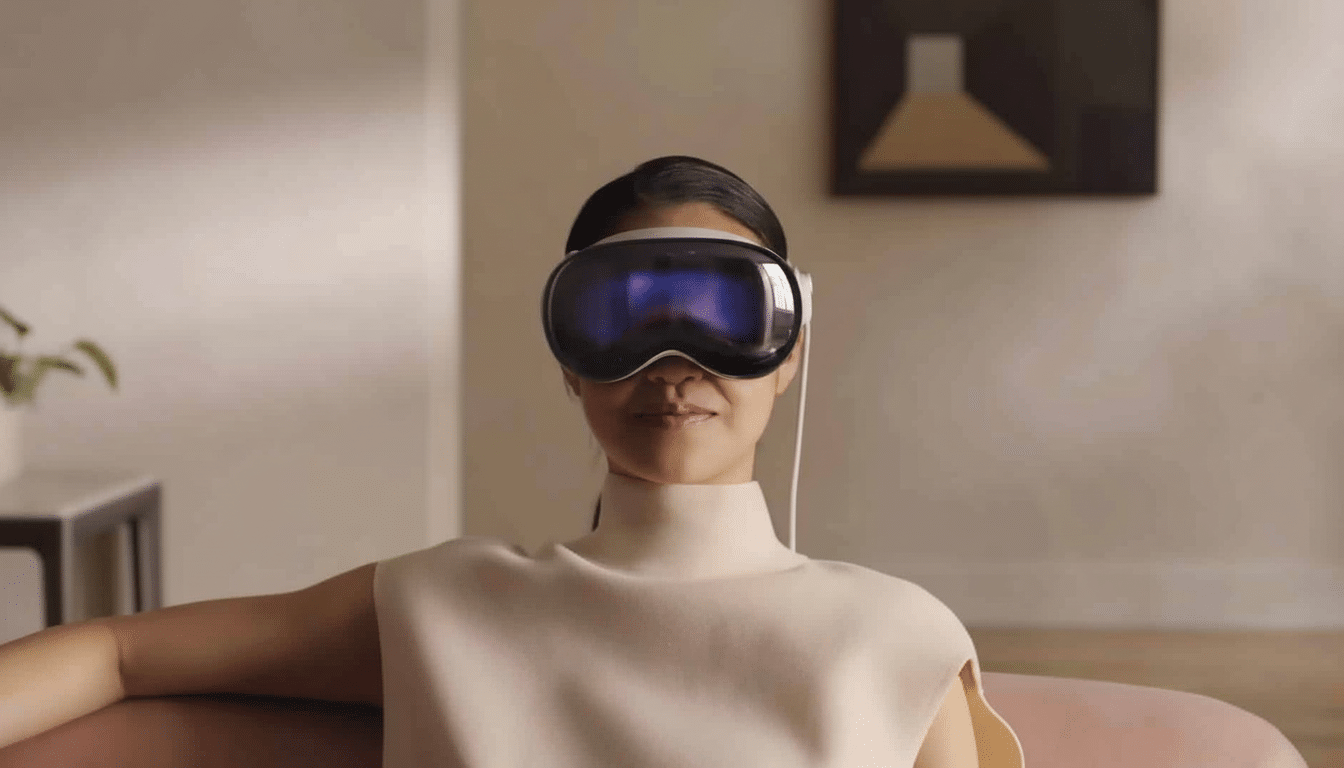 A person wearing a virtual reality headset, looking forward with a slight smile.