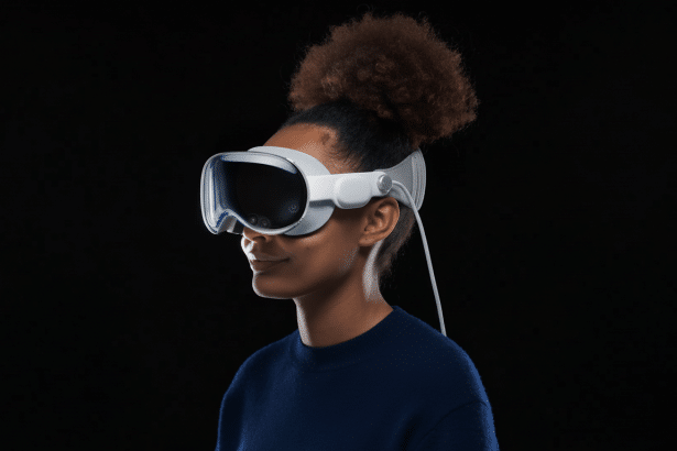 A person with dark skin and curly hair tied up , wearing a white virtual reality headset against a plain black background.