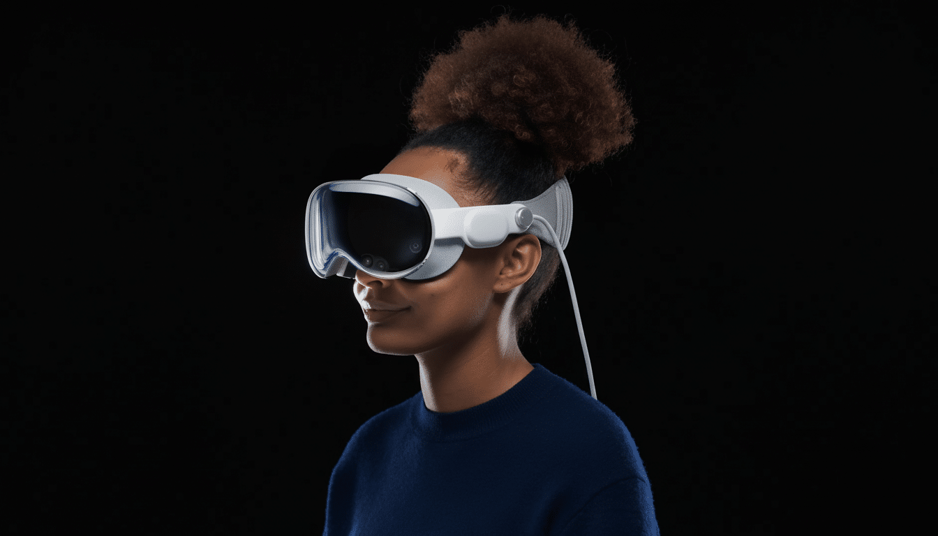 A person with dark skin and curly hair tied up , wearing a white virtual reality headset against a plain black background.