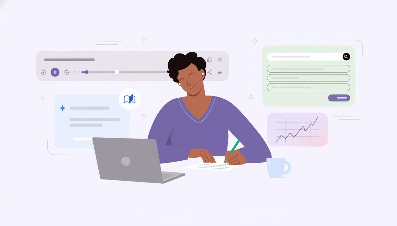 An illustration of a person working on a laptop and writing, surrounded by various digital interface elements.