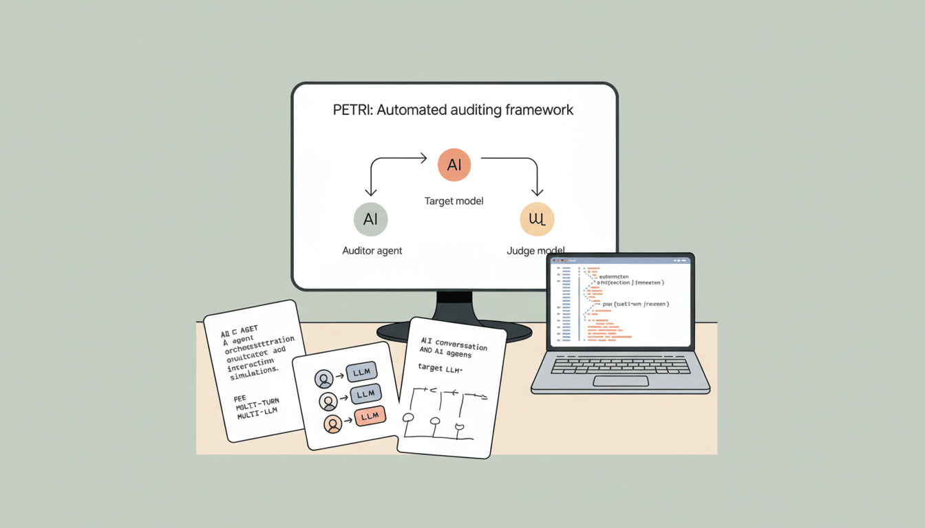 An image showing a computer monitor displaying PETRI: Automated auditing framework with a diagram illustrating an auditor agent and judge model intera
