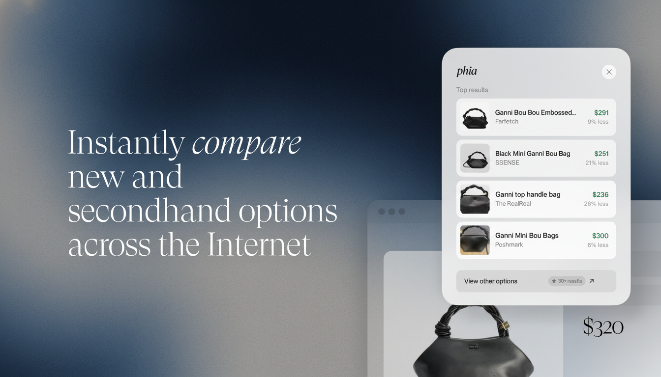 A screenshot of a website or app interface showing a comparison of new and secondhand options for a Ganni Bou Bou bag, with prices and retailers listed. The text Instantly compare new and secondhand options across the Internet is prominently displayed on the left.