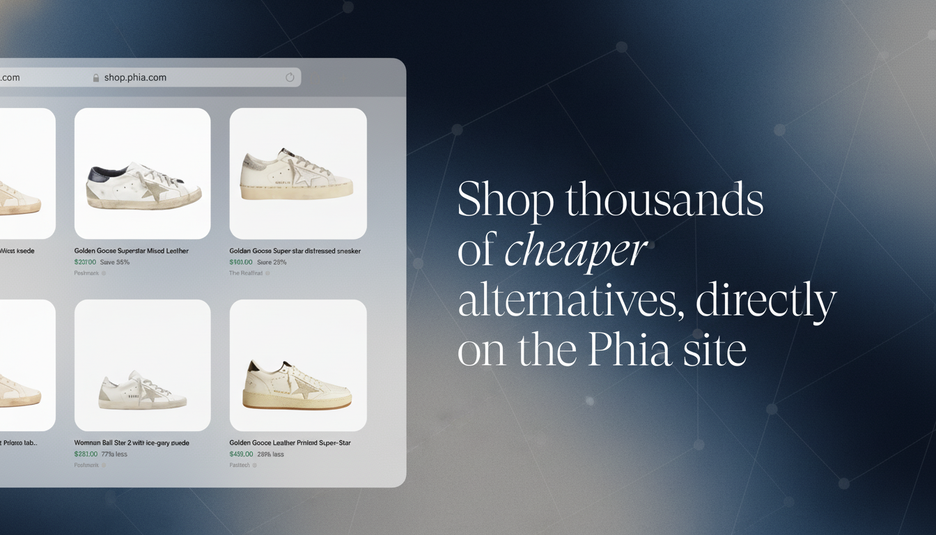 A web browser displaying a shopping site with several pairs of Golden Goose sneakers, alongside text that reads Shop thousands of cheaper alternatives, directly on the Phia site. The background is a dark, abstract gradient with subtle geometric patterns.