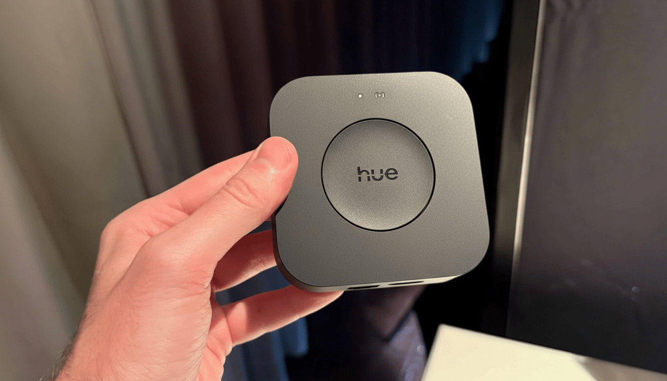 A hand holding a dark gray Philips Hue Bridge device, featuring the hue logo in the center of a circular button. The background remains the original,
