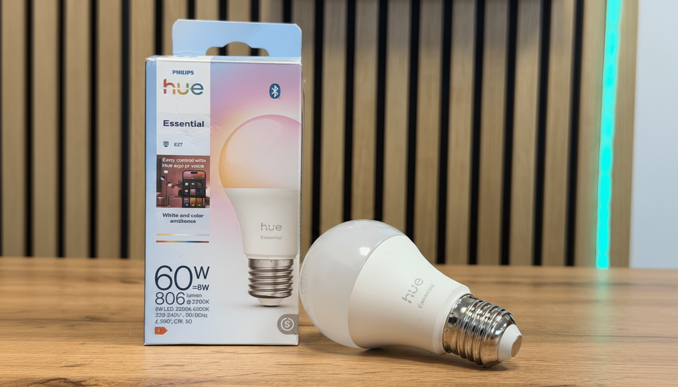 A Philips Hue Essential smart light bulb and its packaging are displayed on a wooden surface in front of a sl atted wooden wall. Filename : philips hueessential bulband box .png