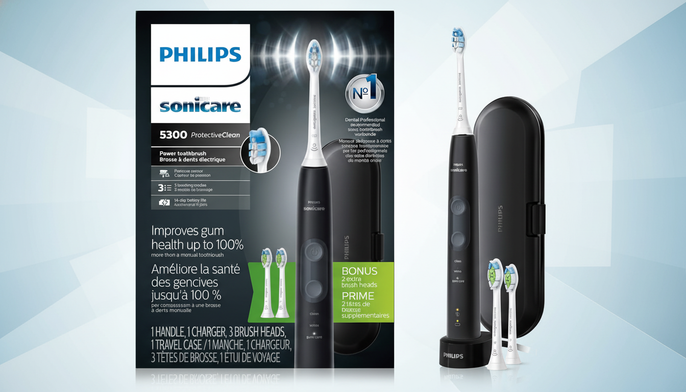 A Philips Sonicare 5300 ProtectiveClean electric toothbrush set, featuring the product in its packaging and an unboxed version with a travel case and two extra brush heads, all presented on a professional flat design background with a soft blue gradient.