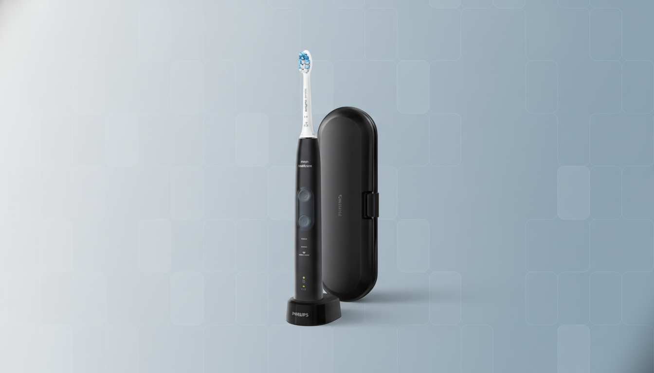 A black Philips Sonicare electric toothbrush on a charging base, next to its black travel case, set against a professional light blue and grey gradient background with subtle geometric patterns.