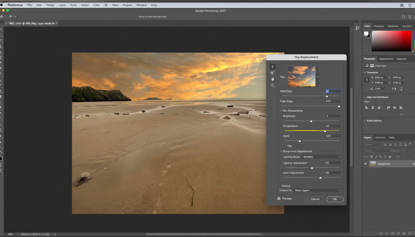 A screenshot of Adobe Photoshop 2021 showing the Sky Replacement feature being used to change the sky in a landscape image of a beach at sunset.