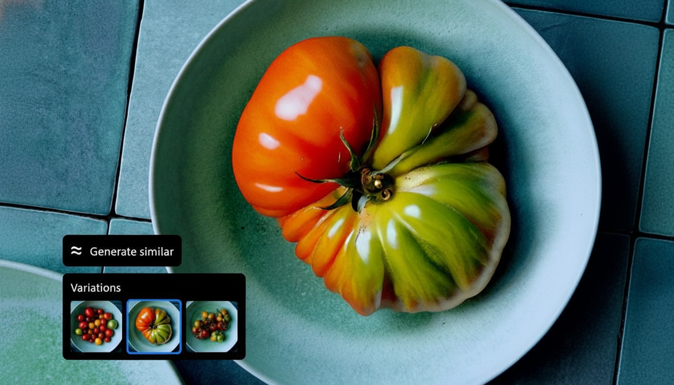A large, unusually shaped tomato, half red and half green, resting in a light blue bowl. Below it, a UI element shows Generate similar and Variations with three small thumbnail images of different tomatoes.