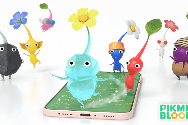 Various colorful Pikmin characters surrounding a smartphone displaying the Pikmin Bloom game , with the game ' s logo in the bottom right corner.