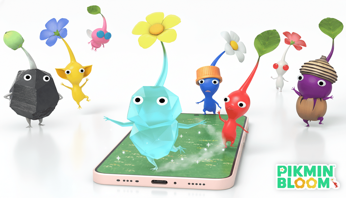 Various colorful Pikmin characters surrounding a smartphone displaying the Pikmin Bloom game , with the game ' s logo in the bottom right corner.