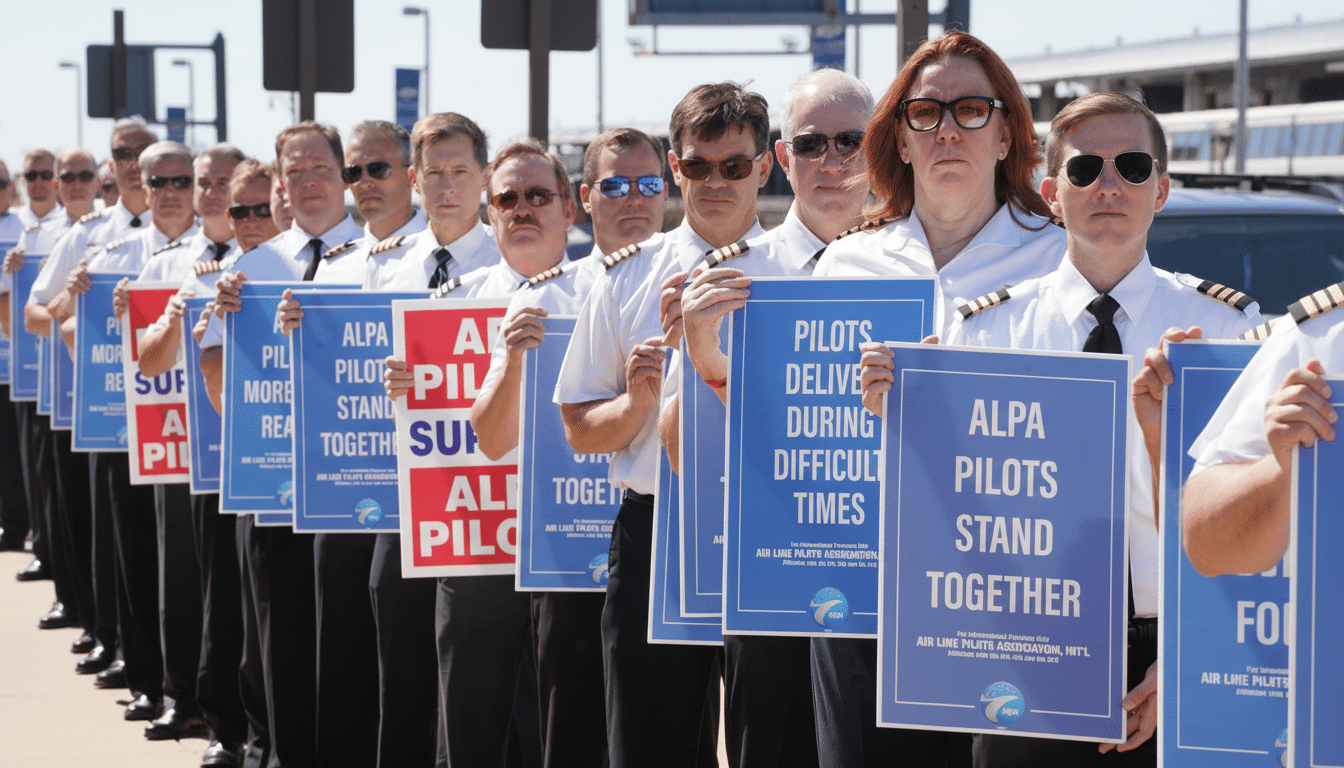 A line of airline pilots, some wearing sunglasses, holding blue and red signs with text supporting pilots rights and unity.