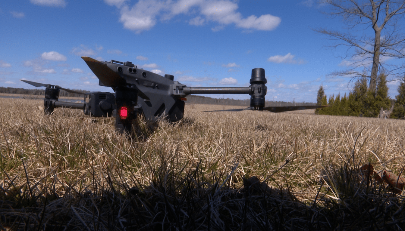 A professional drone with propellers resting in a field of dry grass under a blue sky with white clouds.