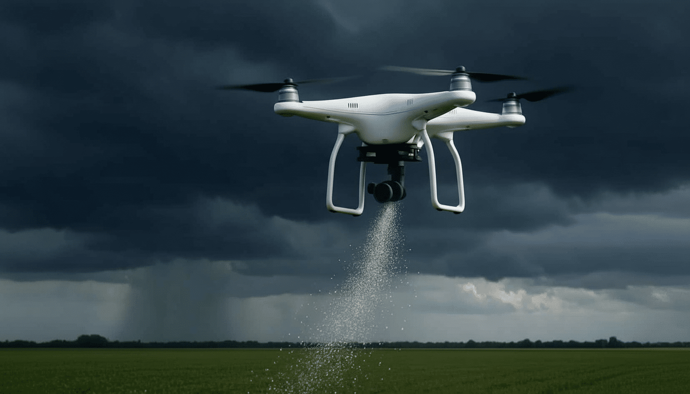 A white drone spraying particles over a green field under a dark, stormy sky with rain visible in the distance.