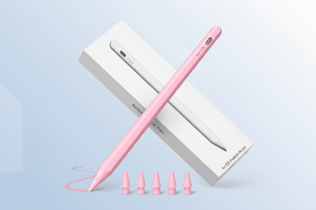 A professional flat design image showing a pink active stylus pen with its white packaging box and five replacement nib s, set against a soft blue gradient background.