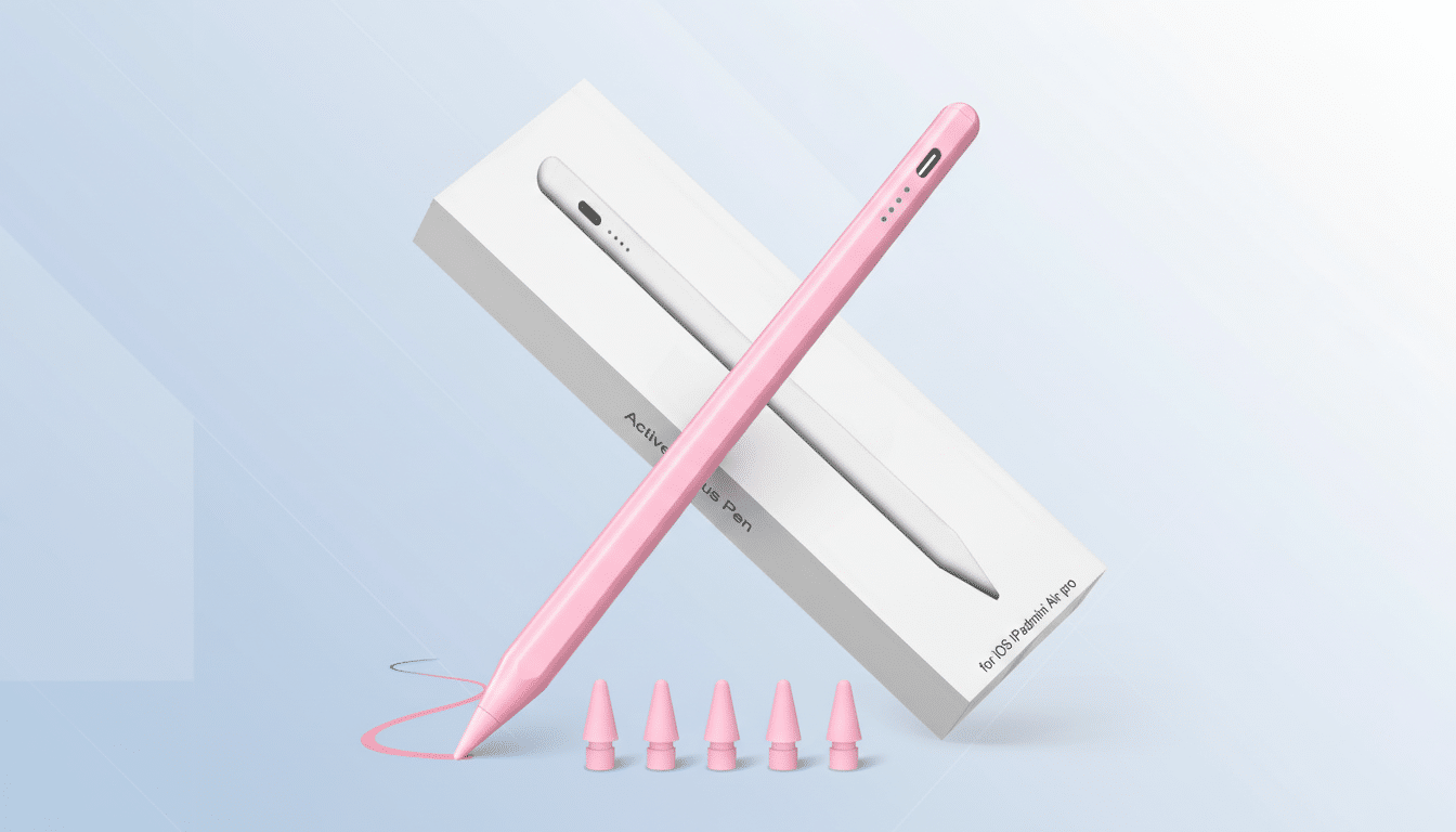 A professional flat design image showing a pink active stylus pen with its white packaging box and five replacement nib s, set against a soft blue gradient background.