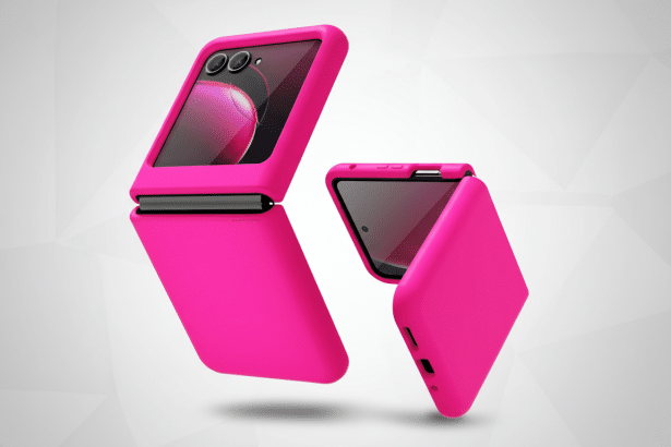 A vibrant pink flip phone in a protective case is shown in two positions , one partially open and the other almost closed, against a subtle grey geometric pattern background. Filename : pinkflip phonecase professional .png