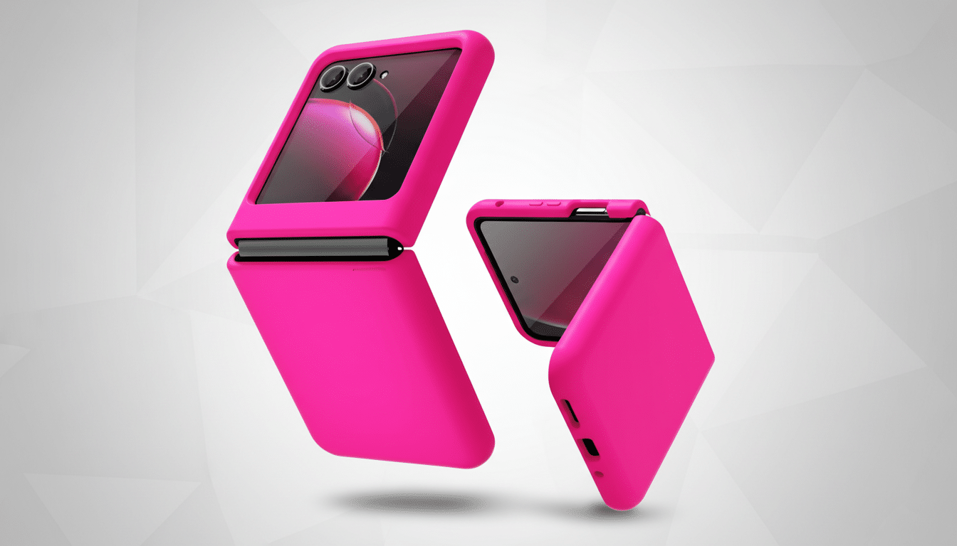 A vibrant pink flip phone in a protective case is shown in two positions , one partially open and the other almost closed, against a subtle grey geometric pattern background. Filename : pinkflip phonecase professional .png