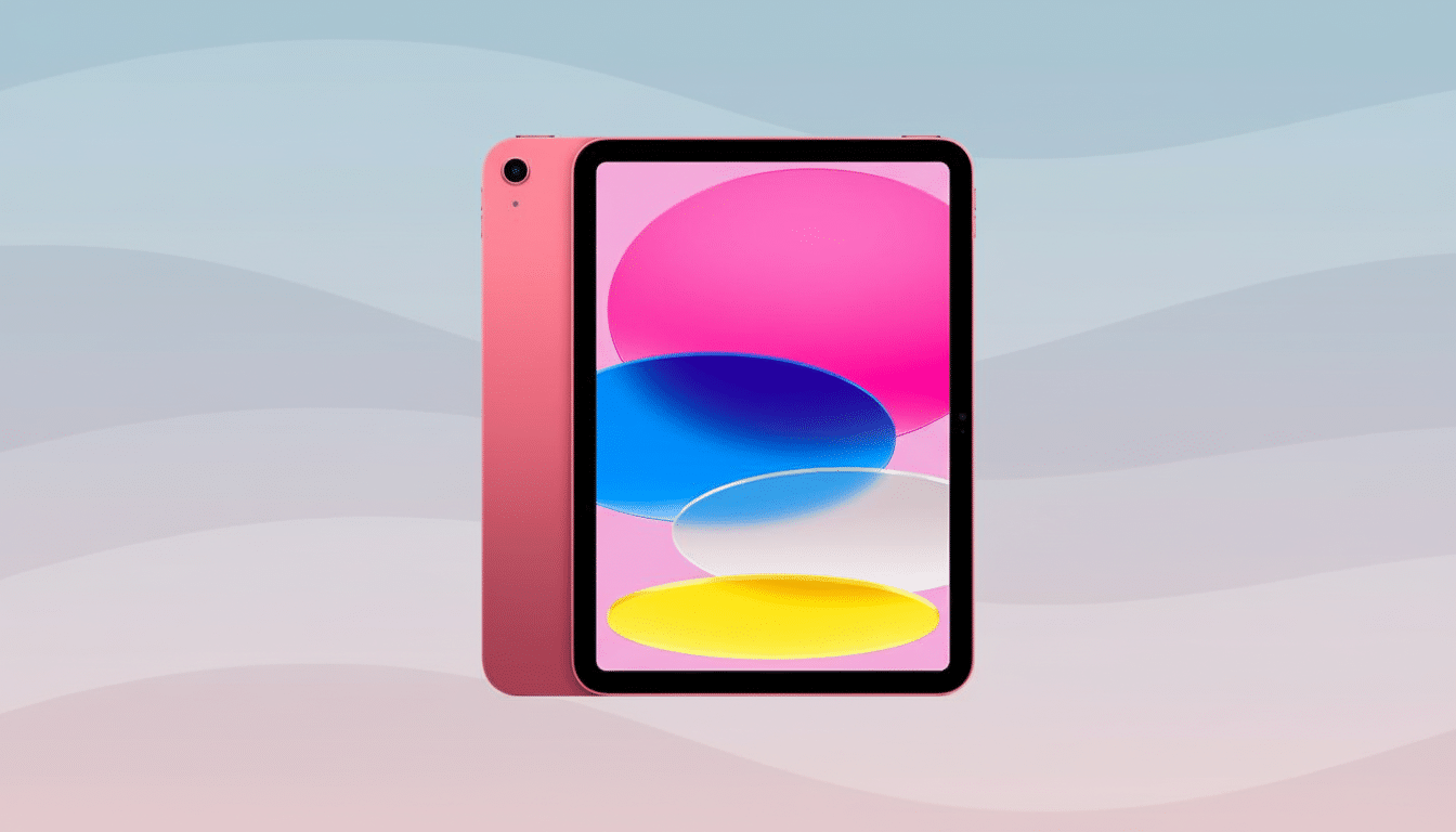 A pink iPad with a colorful screen, presented on a light blue and pink gradient background with soft, wavy patterns.
