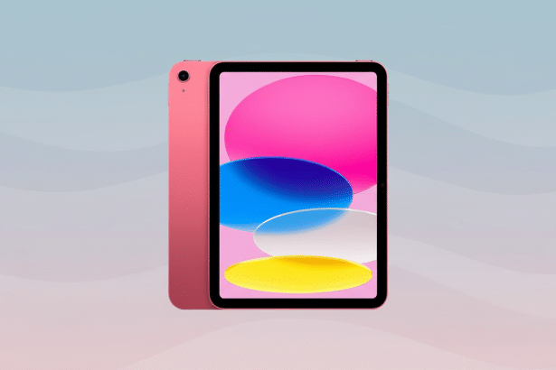 A pink iPad with a colorful screen, presented on a soft gradient background with subtle wave patterns.