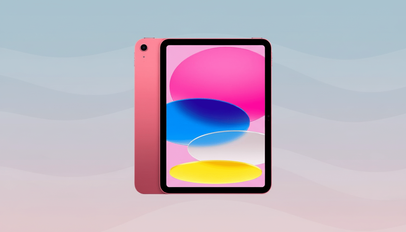A pink iPad with a colorful screen, presented on a soft gradient background with subtle wave patterns.