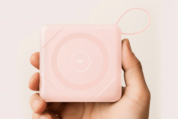 A hand holding a pink, square-shaped portable power bank with a lightning bolt icon on its surface.