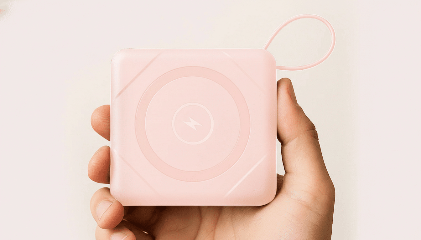 A hand holding a pink, square-shaped portable power bank with a lightning bolt icon on its surface.