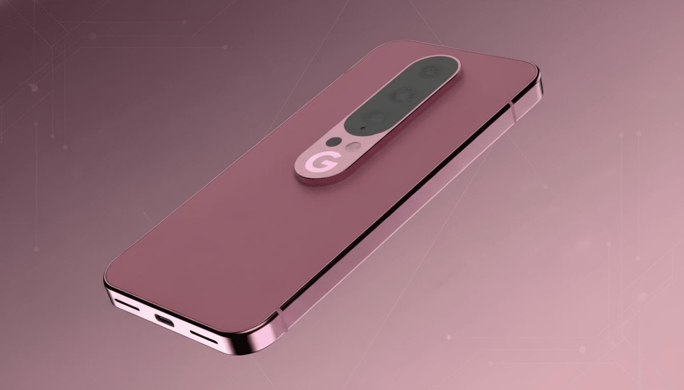 A professional, enhanced image of a metallic pink smartphone with a prominent G logo on the back, shown at a 16: 9 aspect ratio with a soft pink gradi