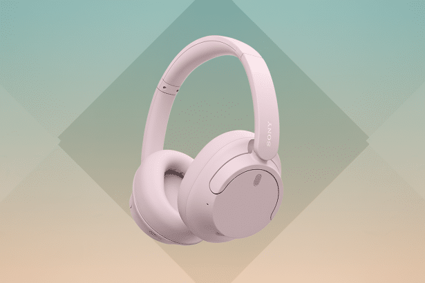 Pink Sony headphones on a professional flat design background with soft patterns and gradients.