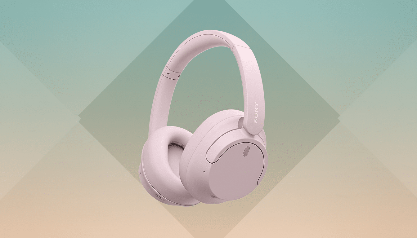 Pink Sony headphones on a professional flat design background with soft patterns and gradients.