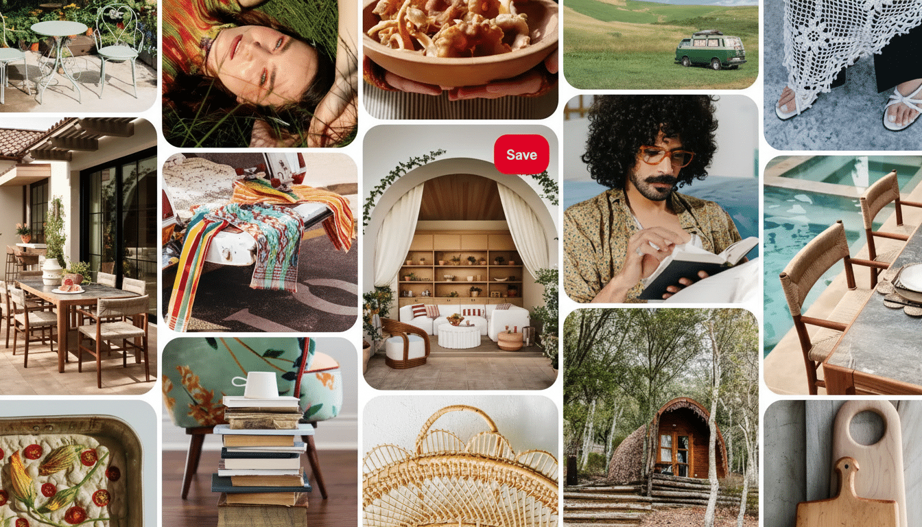 A collage of various lifestyle images , including outdoor dining , a person relaxing in grass, a bowl of food, a van in a field, a person' s feet, an indoor living space, a man reading, a poolside dining area, a stack of books, a small wooden cabin , a wicker item, and foc accia bread .