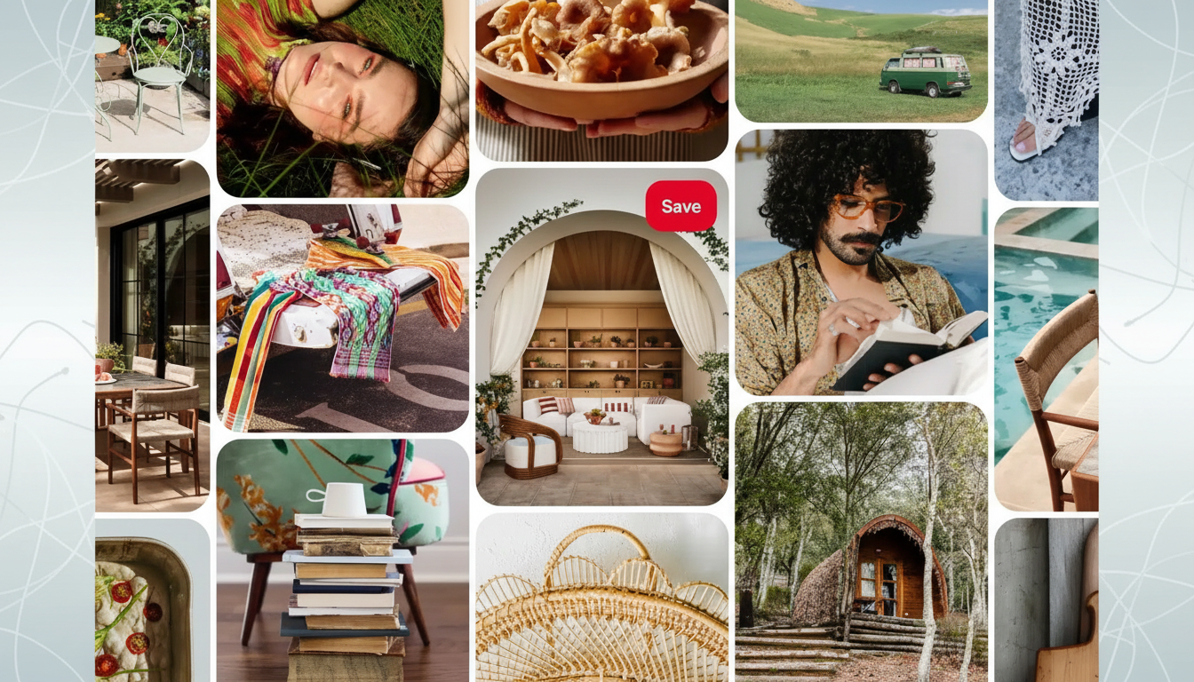 A Pinterest -style collage of lifestyle images, now resized to a 16:9 aspect ratio with a subtle gray patterned background added to the sides .