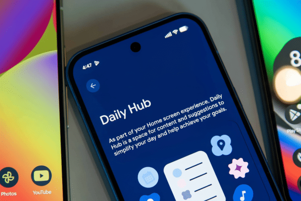 A close-up shot of a smartphone displaying the Daily Hub interface, surrounded by other phones showing various app icons and home screens.