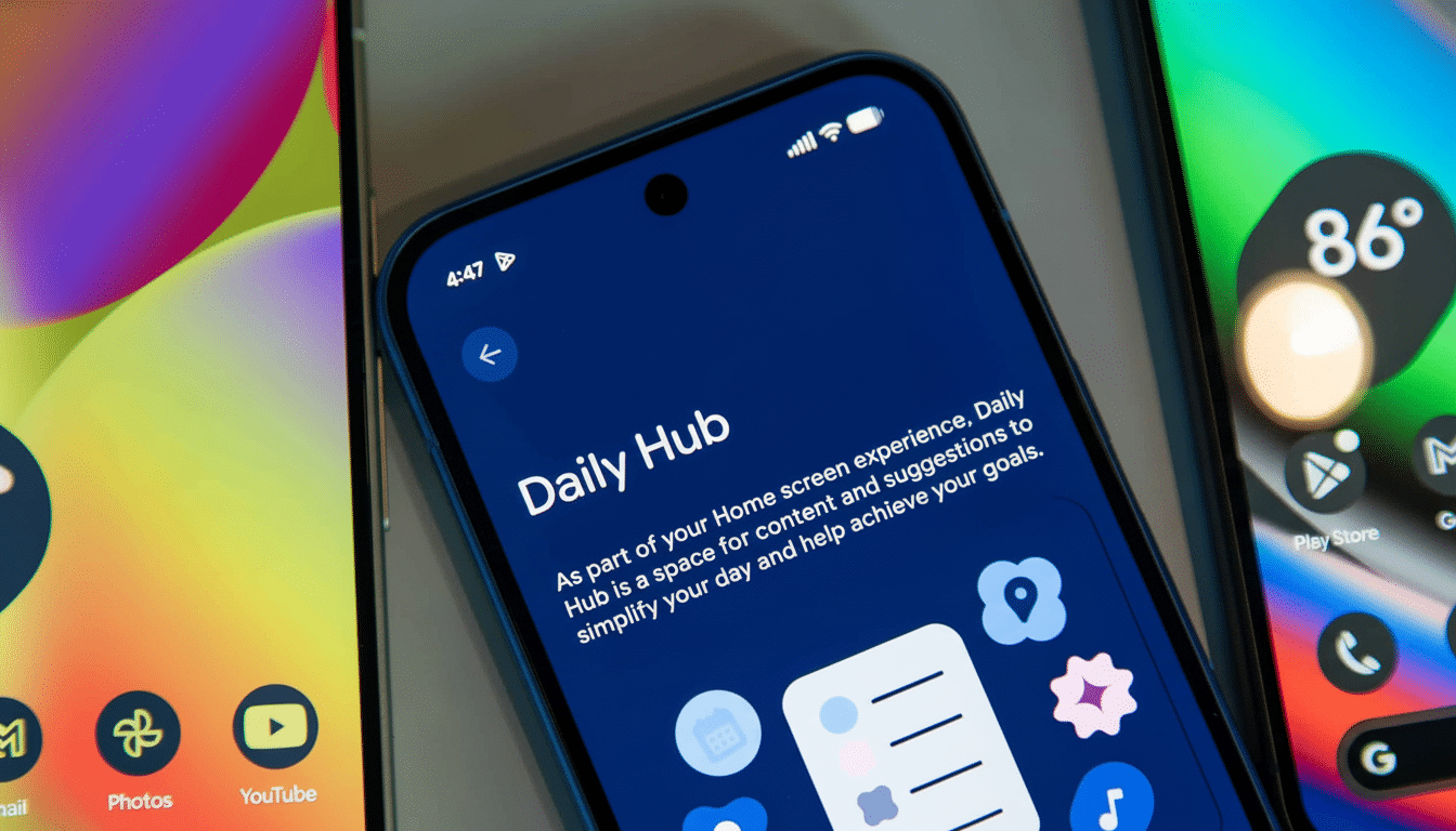 A close-up shot of a smartphone displaying the Daily Hub interface, surrounded by other phones showing various app icons and home screens.