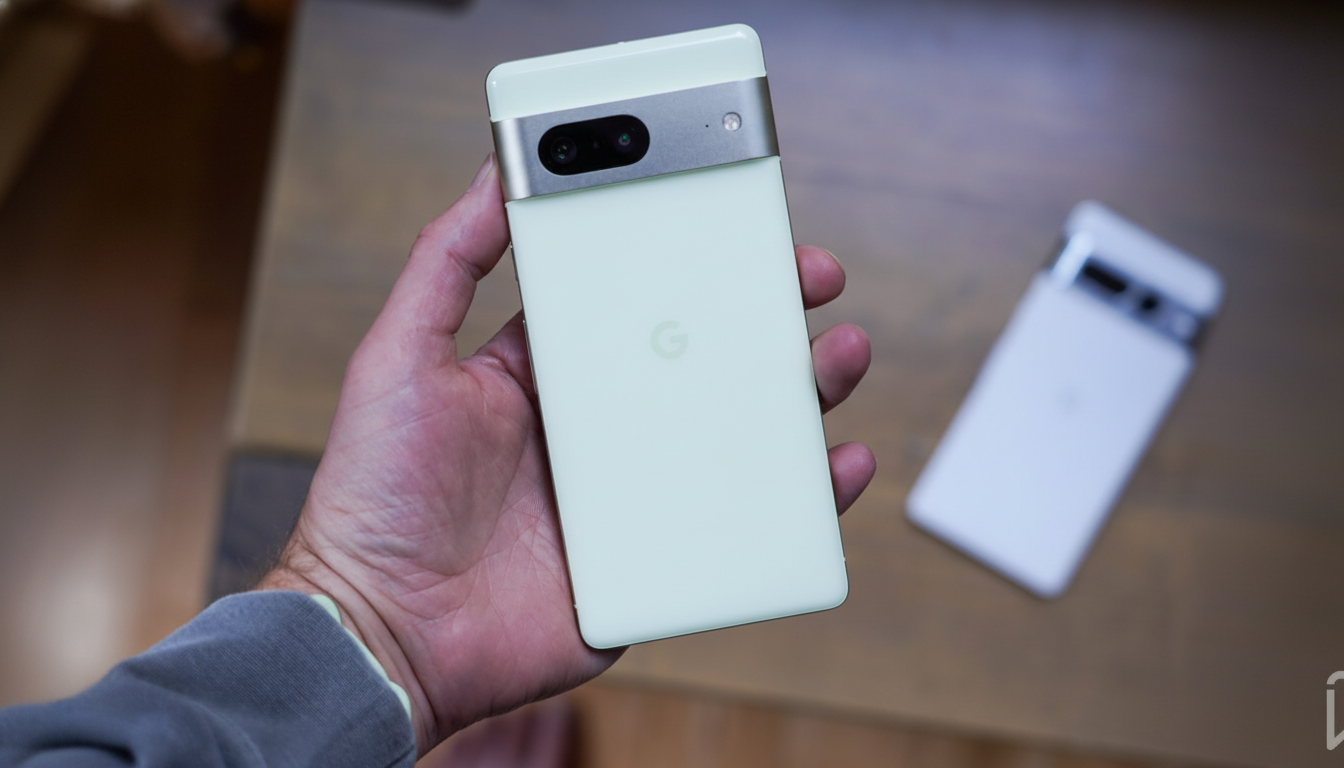 A hand holding a light green Google Pixel 7 smartphone, with another Pixel phone blurred in the background on a wooden table.